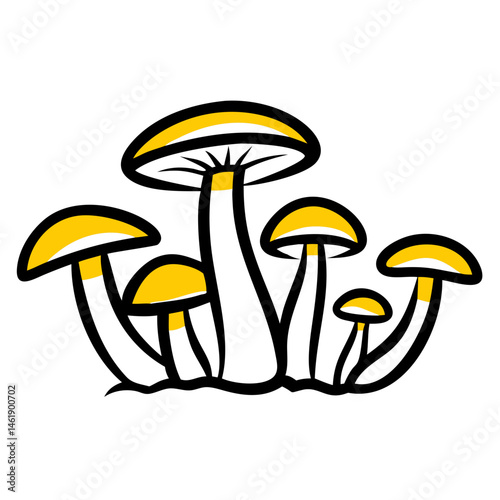 Colorful mushrooms grow in an abstract style featuring vibrant yellow caps and delicate white stems at an outdoor location