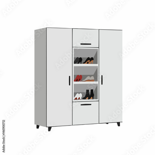 White shoe cabinet with open shelving displaying shoes