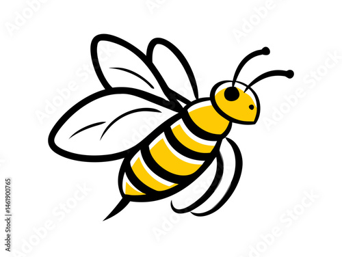 Colorful cartoon bee with yellow and black stripes soaring against a plain background