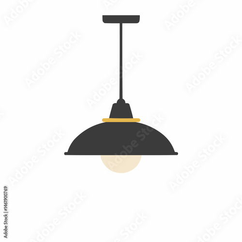 Gray pendant light fixture hangs from the ceiling with yellow bottom trim on white background