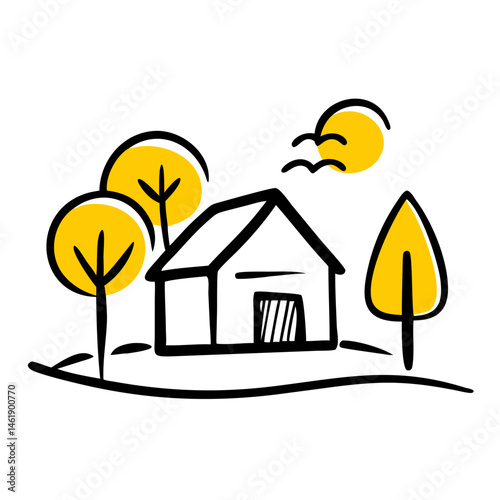 Charming house with trees and sun in a simple landscape illustration showing tranquility and nature