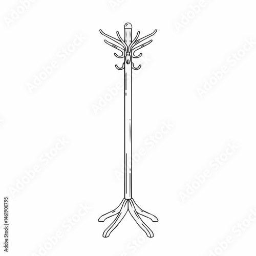 Black and white drawing of a coat rack with hooks and top peg on plain white