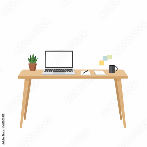 Desk setup featuring a plant, laptop, notepad, pen, mug, and sticky notes