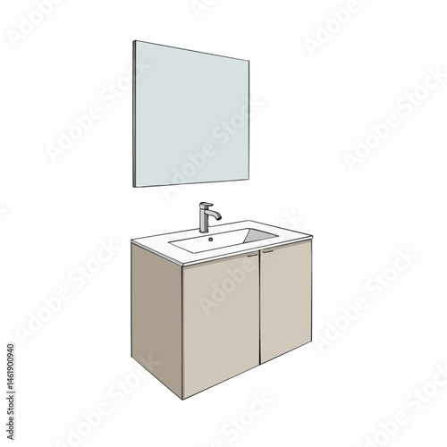 Minimalist bathroom mirror & tap on white backdrop, sketch art