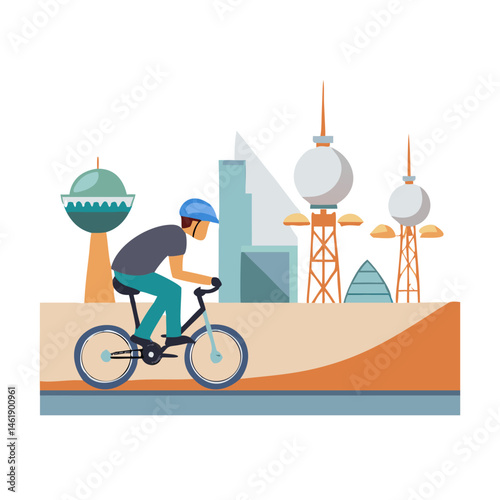 Cyclist enjoying a sunny day in an urban landscape with modern buildings and towers