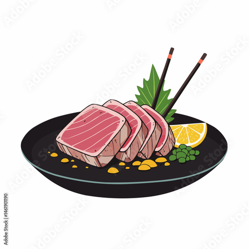 Slices of fresh raw meat arranged on a plate with chopsticks and green leaf garnish
