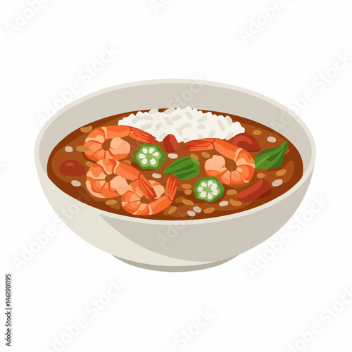 Shrimp, sausage, rice, and okra in a brown stew served in a beige bowl