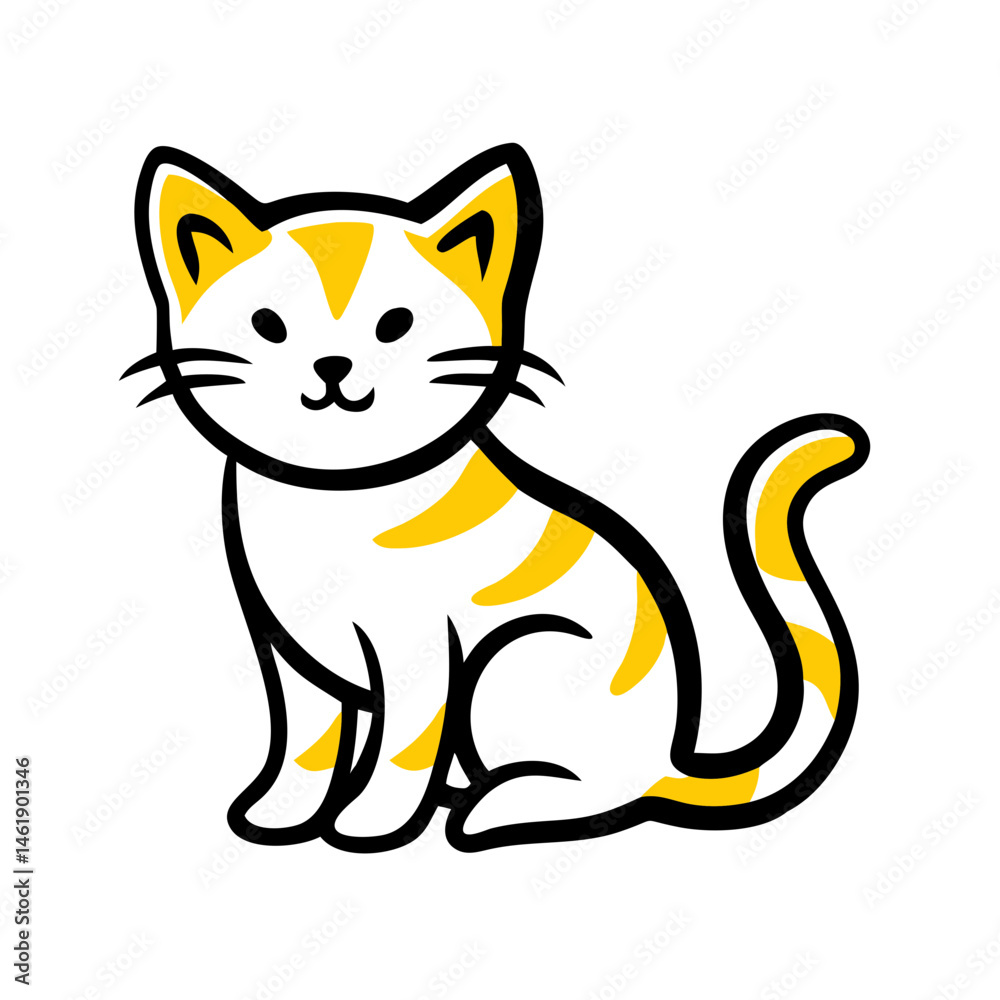 Obraz premium Cute cartoon cat with orange stripes sitting happily against a plain background