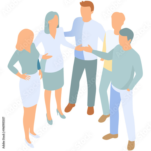 Group of professionals engaging in conversation at a business meeting in a modern office setting during daytime hours