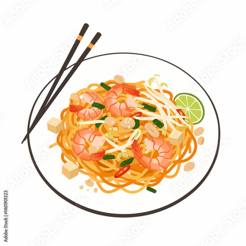 Noodles with shrimp, sprouts, lime, peanuts, beans and chopsticks on plate