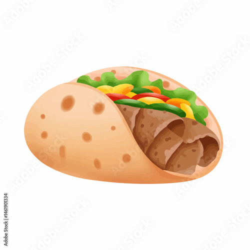 A delicious taco with lettuce, tomatoes, peppers, and meat, wrapped in tortilla