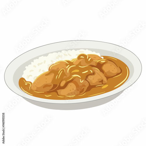 Curry and rice displayed on a white plate, presented in a simplistic, cartoon style