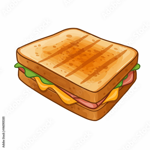 Illustration of a toasted sandwich with grill marks, lettuce, & tomato, diagonally
