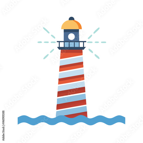 Colorful lighthouse stands on vibrant waves, guiding ships safely in a coastal landscape at sunset