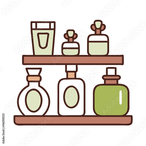 Display of various perfume bottles on a wooden shelf in a minimalist style setting