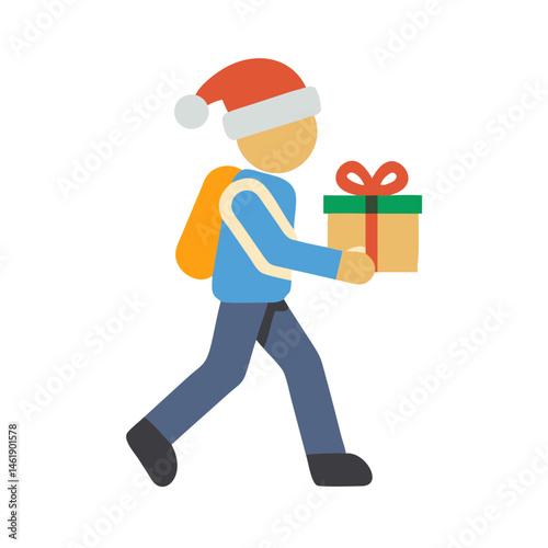 Gift delivery during the festive season with a cheerful individual in a Santa hat walking on a winter day