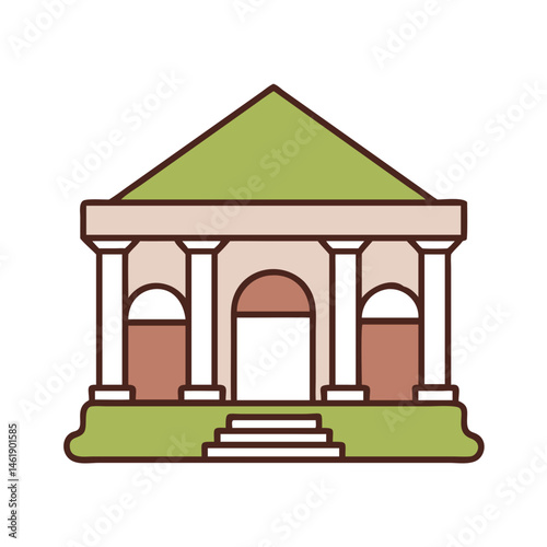 Historic building with green roof and columns situated in lush landscape at midday under clear sky