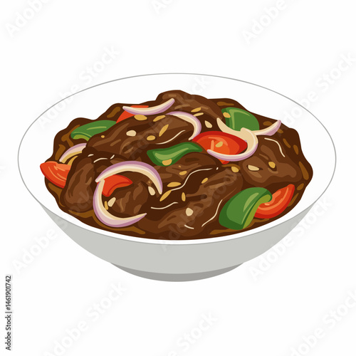Savory, brown, stir-fried meat served with sliced vegetables on a pristine white plate