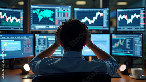 Stock Broker's Hands Holding Head Amid Screens Showing Decimated Retirement Account and Mortgage Due Notice