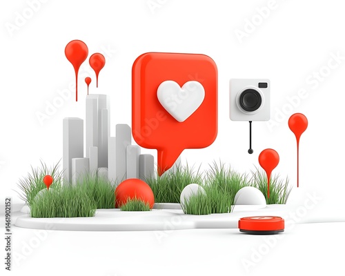 Social media landscape with heart, camera, and city
