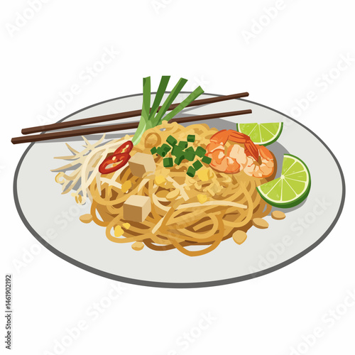 An appetizing dish with noodles, shrimp, toppings, and chopsticks on a plate