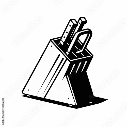 Black and white illustration of knives in block. The cooking essentials are shown