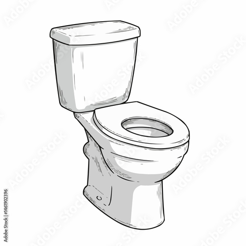 Illustrated toilet with tank and seat, line art style. Gray shading, black outlines