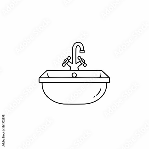 Minimalist black line art depicting a basin and tap on a white background