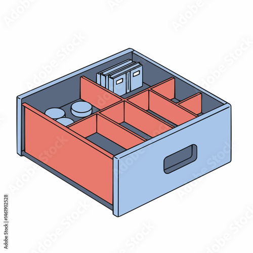 Isometric view of a drawer with discs, books and dividers in blue and orange colors