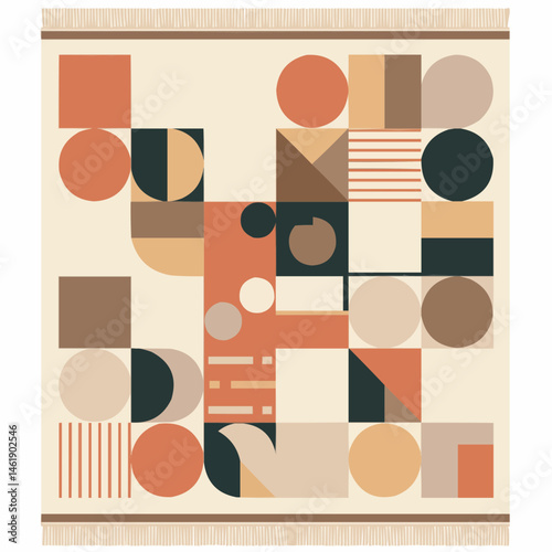 Geometric rug with earthy tones and fringe. Design includes circles, squares and stripes