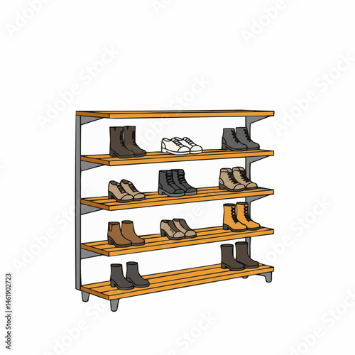Shelves holding shoes boots, sneakers, with brown platforms and gray metal supports