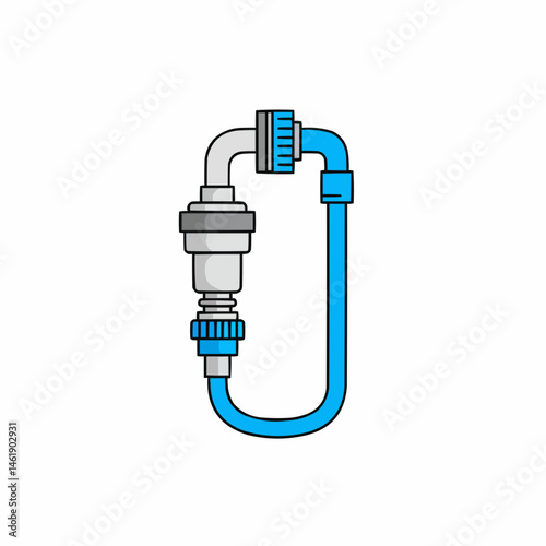Plumbing connection, grey and blue pipes, with black outline on a white background