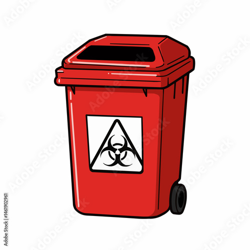 Red trash receptacle, right half frame, recycling symbol visible