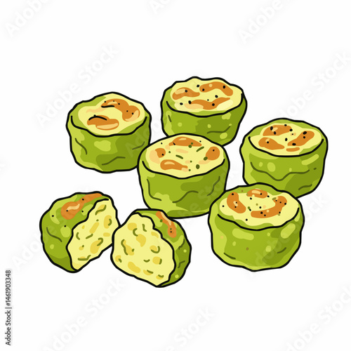 Illustrated dish featuring green vegetable cups, topped with cheese and spices