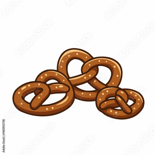 Stacked brown pretzels with visible holes fill the lower right of the white background