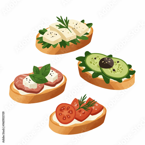 Appetizing sandwiches topped with cheese, cucumber, ham, and greens on bread