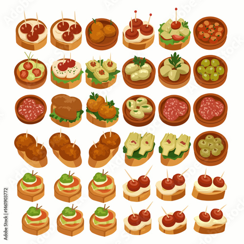 Assorted tapas, showcasing an array of flavors on bread or in small bowls