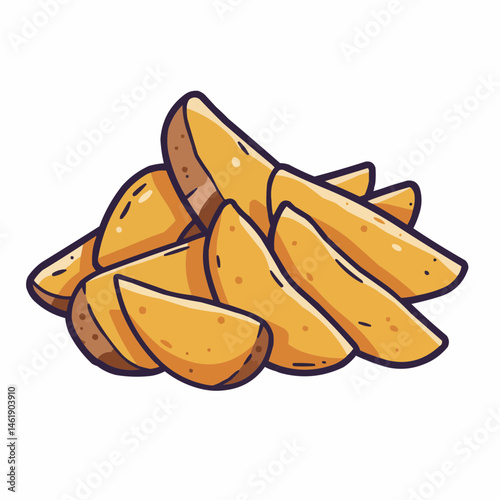 Cartoon golden potato wedges, arranged on white background, tasty snack