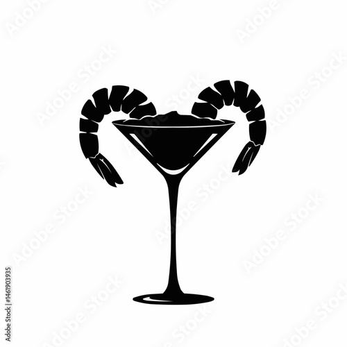 Minimalist graphic of shrimp cocktail, shrimp draped over a martini glass filled with sauce