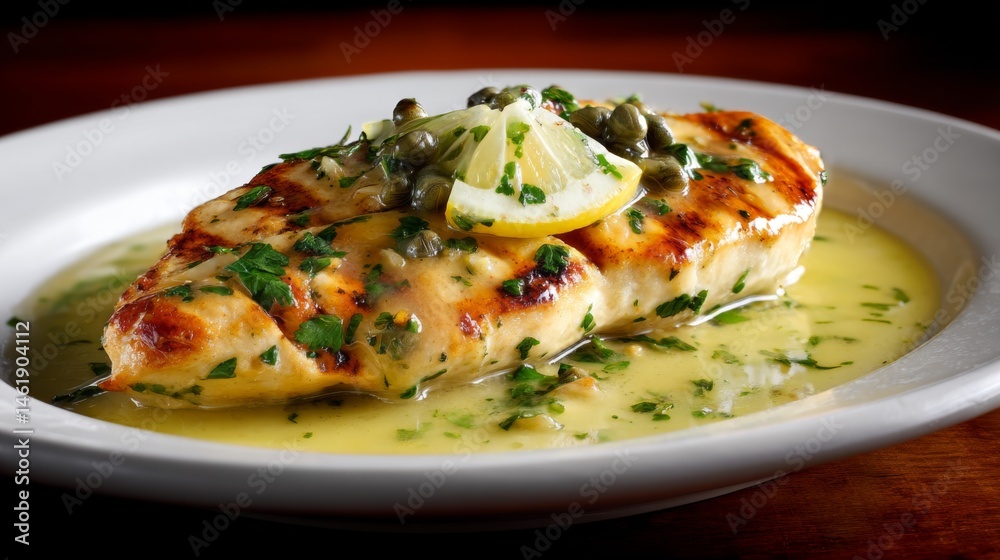 Grilled Chicken Breast with Fresh Herbs, Lemon Slices, and Capers Drizzled in a Savory Sauce on a White Plate Grilled Chicken Breast with Fresh Herbs, Lemon Slices, and Capers Drizzled in a Savory Sauce on a White Plate