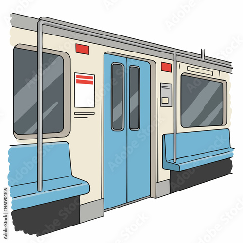 Cartoon view inside train, metal poles, blue doors, advertisements in beige and grey tones