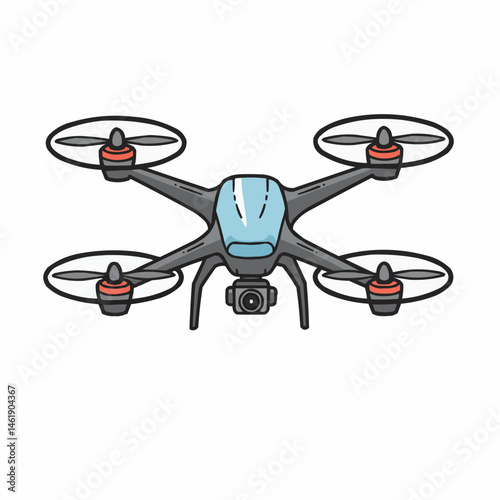 Cartoon drone illustration, gray body with a blue top and red propeller caps on white