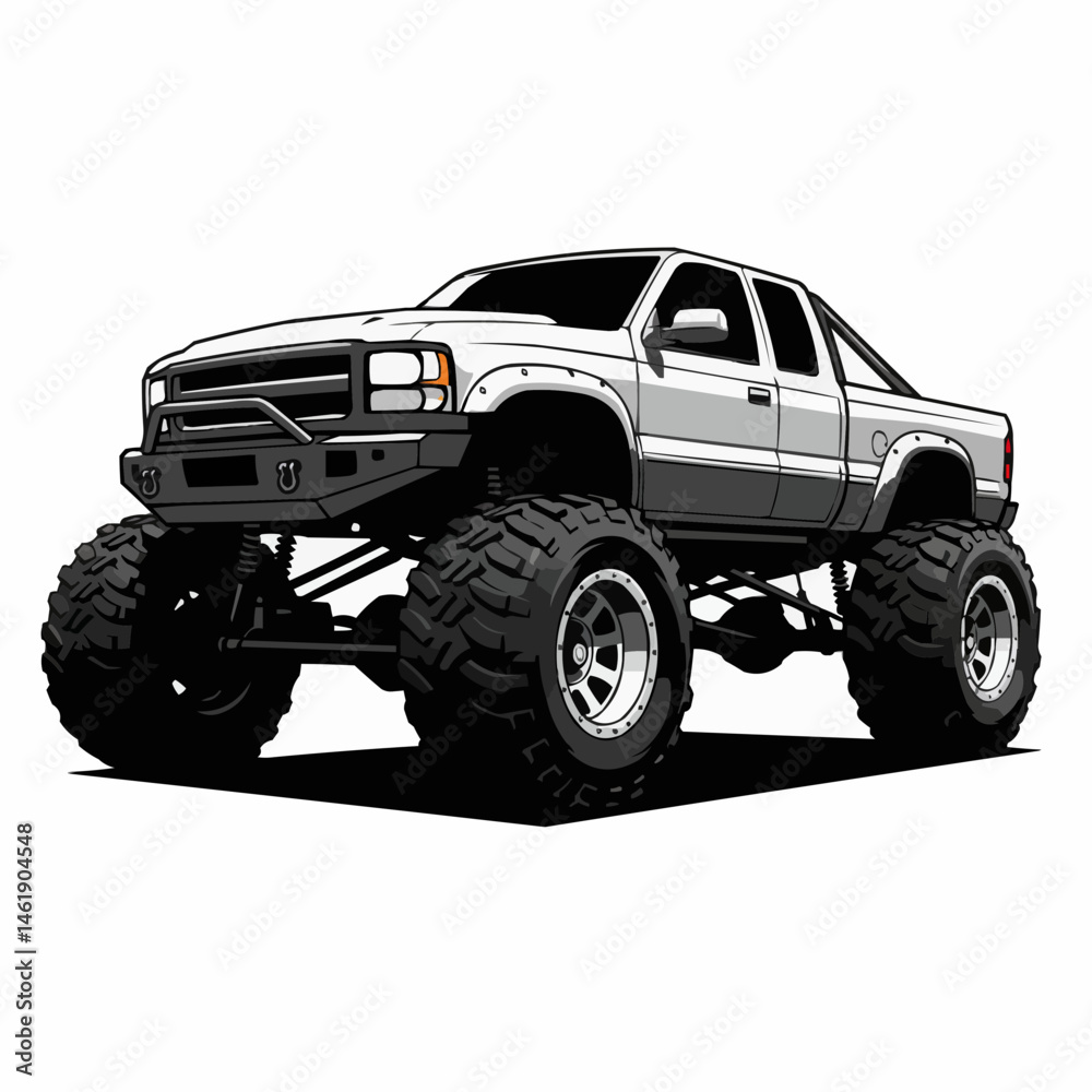 Stylized vector art of a lifted white pickup truck with mud tires and front bumper Stylized vector art of a lifted white pickup truck with mud tires and front bumper