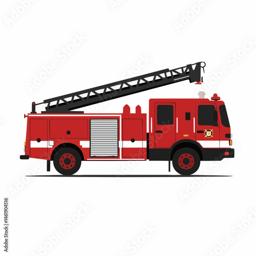 Red fire engine with a ladder in the air. Minimalist art of emergency response vehicle