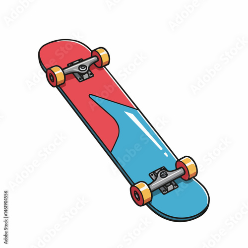 A skateboard with red deck and blue design and yellow wheels is displayed