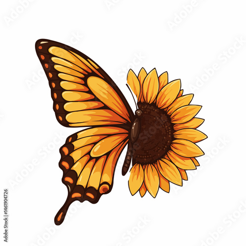 Butterfly & sunflower, orange shades, detailed veins, brown dots, isolated & illustrated