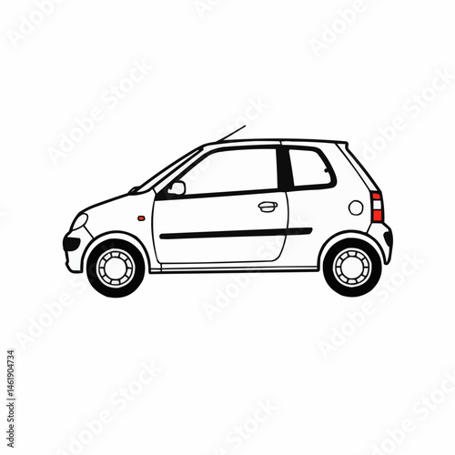 Silhouette of a car Simple, black outlines on white, side view, rear door window visible