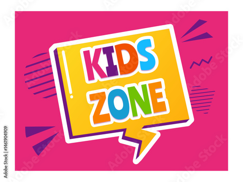 Kids zone sign with colorful letters on pink background with geometric shapes creating a playful and inviting atmosphere for children's area