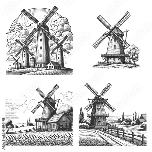 windmills surrounded by fields, trees, and countryside scenes Set collection bundle sketch engraving generative ai vector illustration. Scratch board imitation. Black and white image.