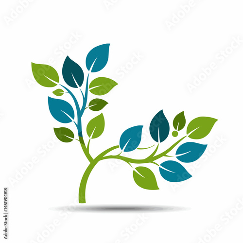 A botanical illustration of green and blue leaves on light colored stems in a minimalist style
